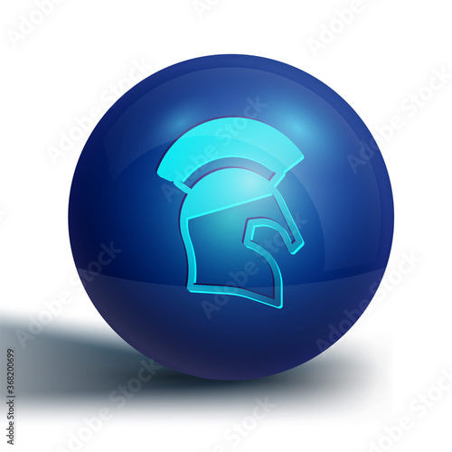 Blue Greek helmet icon isolated on white background. Antiques helmet for head protection soldiers with a crest of feathers or horsehair. Blue circle button. Vector.