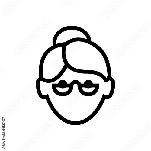Icono plano cabeza de mujer mayor con peinado con moño y gafas en color negro