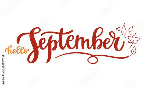 Hello September handwritten lettering phrase with doodle leaves. Seasonal vector art isolated on white background. Creative calligraphy for card, poster, web banner or print. 