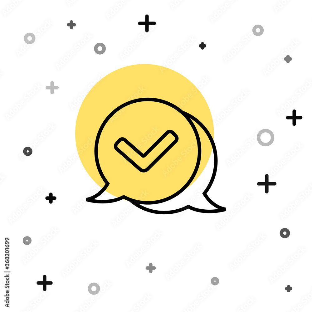 Black line Check mark in speech bubble icon isolated on white background. Security, safety, protection, privacy concept. Tick mark approved. Random dynamic shapes. Vector. Black line Check mark in speech bubble icon isolated on white background. Security, safety, protection, privacy concept. Tick mark approved. Random dynamic shapes. Vector.
