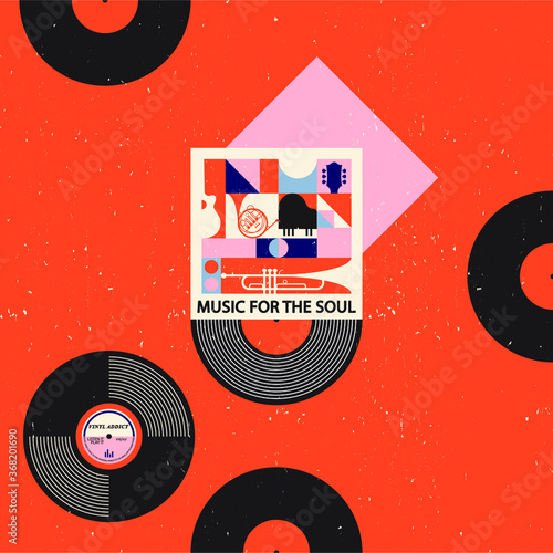 Musical poster for your design. Music elements design for card, invitation, flyer. Music background vector illustration. Vinyl record.