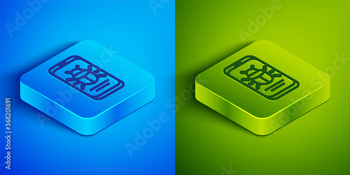 Isometric line System bug on mobile icon isolated on blue and green background. Code bug concept. Bug in the system. Bug searching. Square button. Vector.