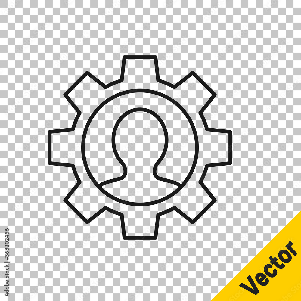 Black line Human with gear icon isolated on transparent background. Artificial intelligence. Thinking brain sign. Symbol work of brain. Vector. Black line Human with gear icon isolated on transparent background. Artificial intelligence. Thinking brain sign. Symbol work of brain. Vector.