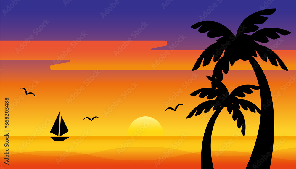 南国の夕焼け空と海の風景のイラスト	
