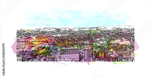 Building view with landmark of Akashi is a city on Japan’s Seto Inland Sea. Watercolor splash with hand drawn sketch illustration in vector.