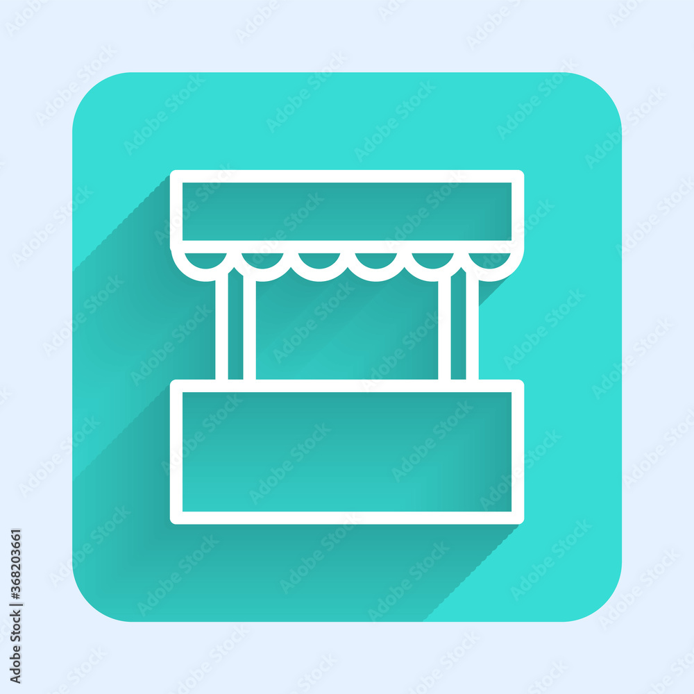 White line Ticket box office icon isolated with long shadow. Ticket booth for the sale of tickets for attractions and sports. Green square button. Vector. White line Ticket box office icon isolated with long shadow. Ticket booth for the sale of tickets for attractions and sports. Green square button. Vector.