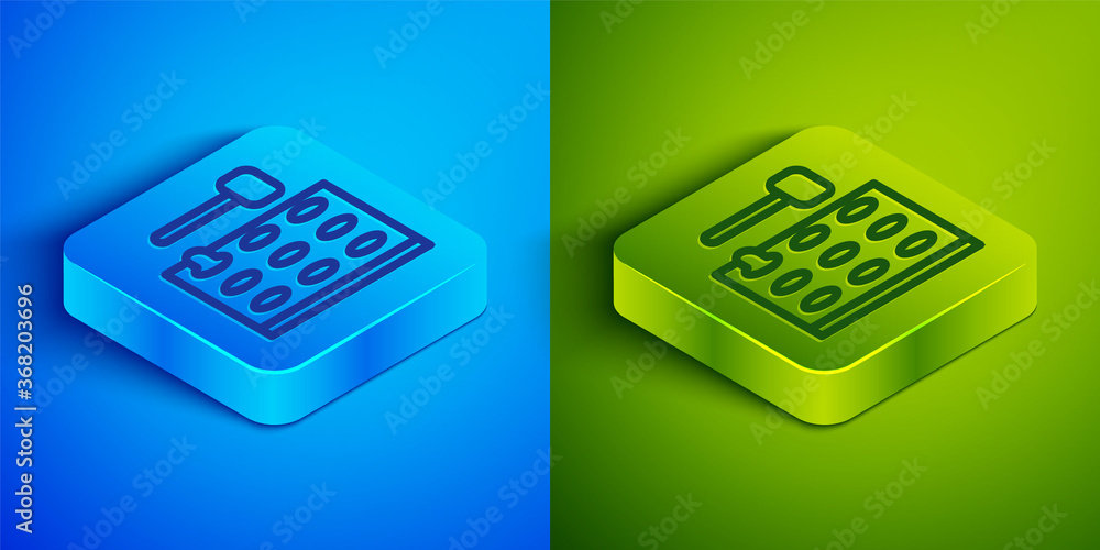 Isometric line Arcade game machine with hammer icon isolated on blue and green background. Amusement park attraction. Square button. Vector. Isometric line Arcade game machine with hammer icon isolated on blue and green background. Amusement park attraction. Square button. Vector.