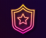 Glowing neon line Police badge icon isolated on black background. Sheriff badge sign. Shield with star symbol. Vector.