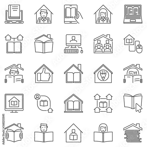 Homeschooling outline icons set. Vector Home Education and Studying at Home Online concept symbols