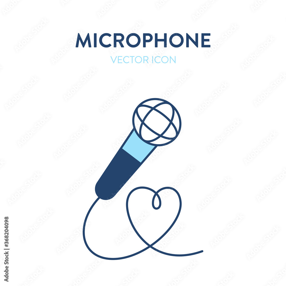 Microphone icon. Vector illustration of a wired microphone with a heart symbol. Karaoke party mic icon Microphone icon. Vector illustration of a wired microphone with a heart symbol. Karaoke party mic icon