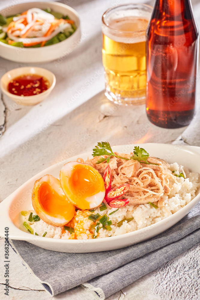 Rice with Shredded pork skins and Boiled egg Com bi heo va trung luoc Viet Nam Rice with Shredded pork skins and Boiled egg Com bi heo va trung luoc Viet Nam