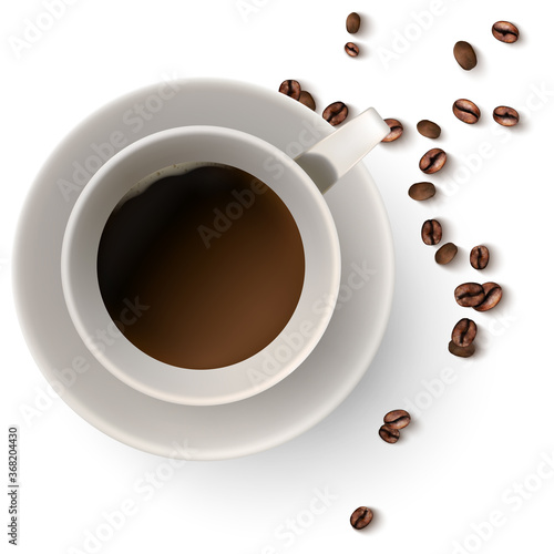 A cup of hot coffee. Coffee beans.