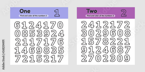 Set educational worksheet for kids kindergarten, preschool and school age. Numbers. Find and color.