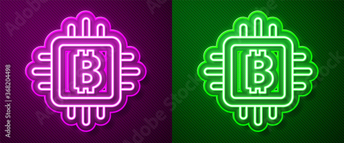Glowing neon line CPU mining farm icon isolated on purple and green background. Bitcoin sign inside processor. Cryptocurrency mining community. Digital money. Vector.