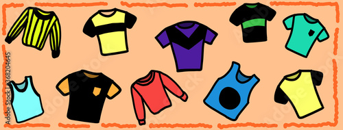 Vector images of many different t-shirts on a light orange background