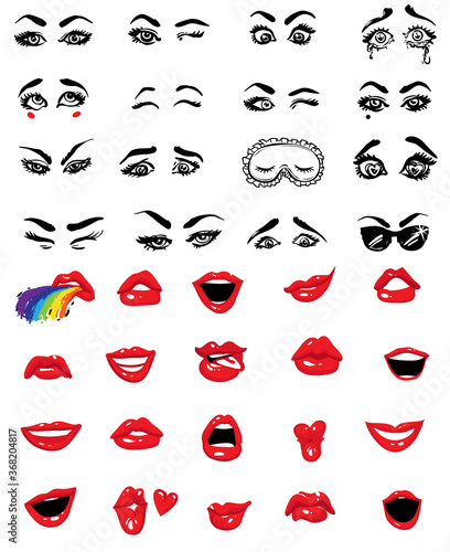 Woman's lip and eyes gestures collection. Fashion illustration. Girl mouths and eyes close up with red lipstick makeup expressing different emotions