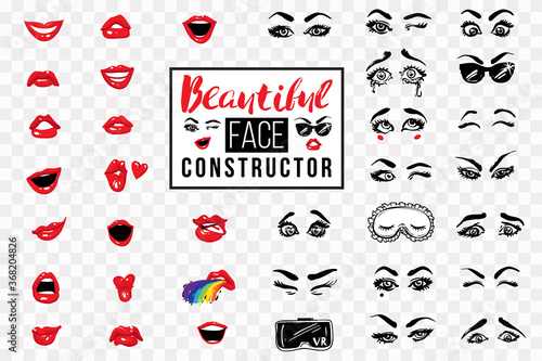 Woman beautiful face constructor. Eyes, eyebrows, lips, mouth, lashes. Vector emoticons, emoji, smiley icons, characters. Fashion illustrated women's emotional faces