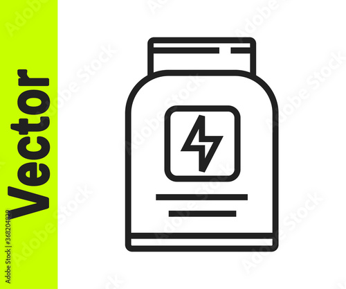 Black line Sports nutrition bodybuilding proteine power drink and food icon isolated on white background. Vector.