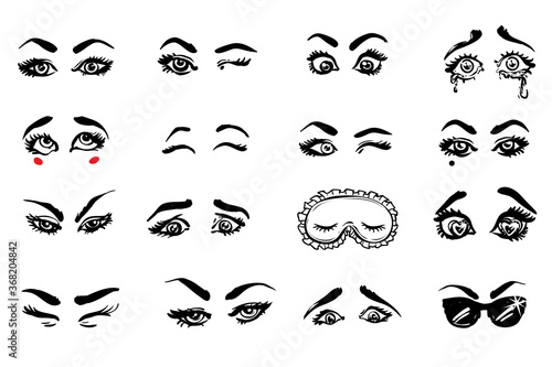 Woman beautiful eyes, eyebrows, lashes. Vector emoticons, emoji, smiley icons, characters. Fashion illustrated women's emotional eye