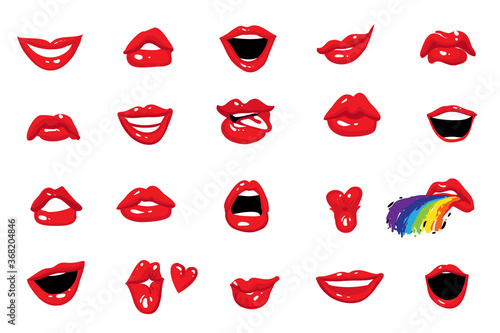 Woman's lip gestures collection. Fashion illustration. Girl mouths close up with red lipstick makeup expressing different emotions