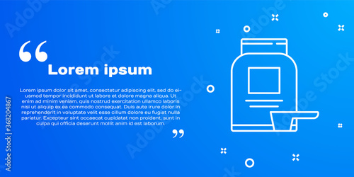 White line Sports nutrition bodybuilding proteine power drink and food icon isolated on blue background. Vector.