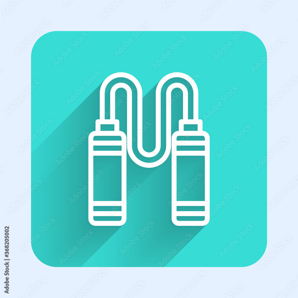 White line Jump rope icon isolated with long shadow. Skipping rope. Sport equipment. Green square button. Vector. White line Jump rope icon isolated with long shadow. Skipping rope. Sport equipment. Green square button. Vector.