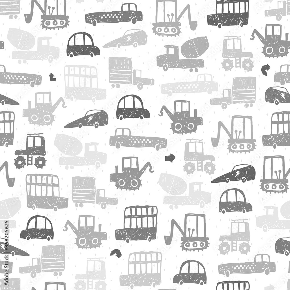 Seamless pattern with hand drawn cars. Creative childish texture for fabric, wrapping, textile, wallpaper, apparel. Vector illustration. Grey background.