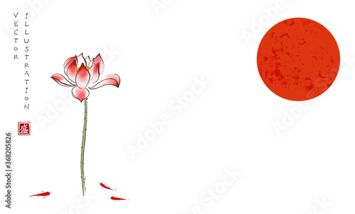 Big red sun, lotus flower, gingko leaf and three little red fishes on white background. Traditional oriental ink painting sumi-e, u-sin, go-hua. Hieroglyph - blossom.