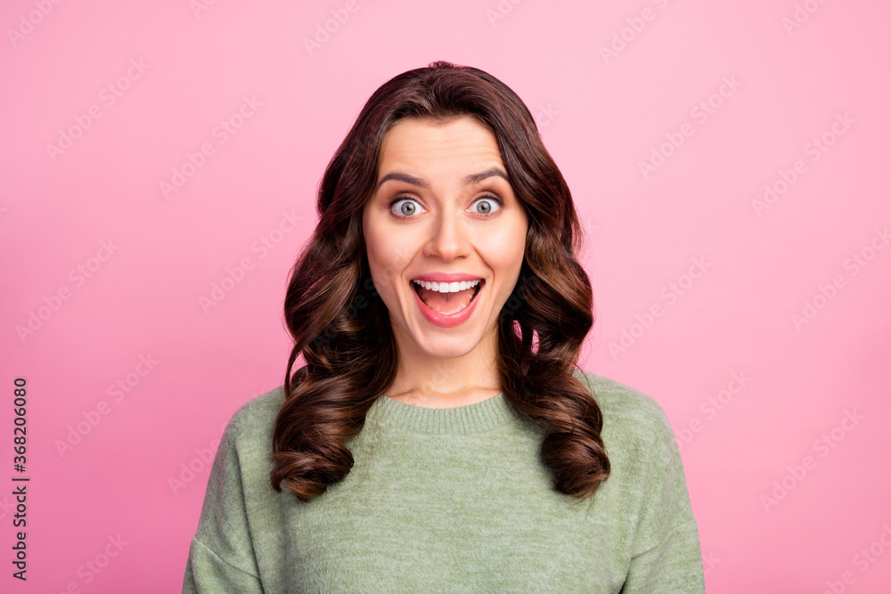 Portrait of astonished girl look hear wonderful black friday bargains impressed enjoy scream wear modern sweater isolated over pastel color background Portrait of astonished girl look hear wonderful black friday bargains impressed enjoy scream wear modern sweater isolated over pastel color background
