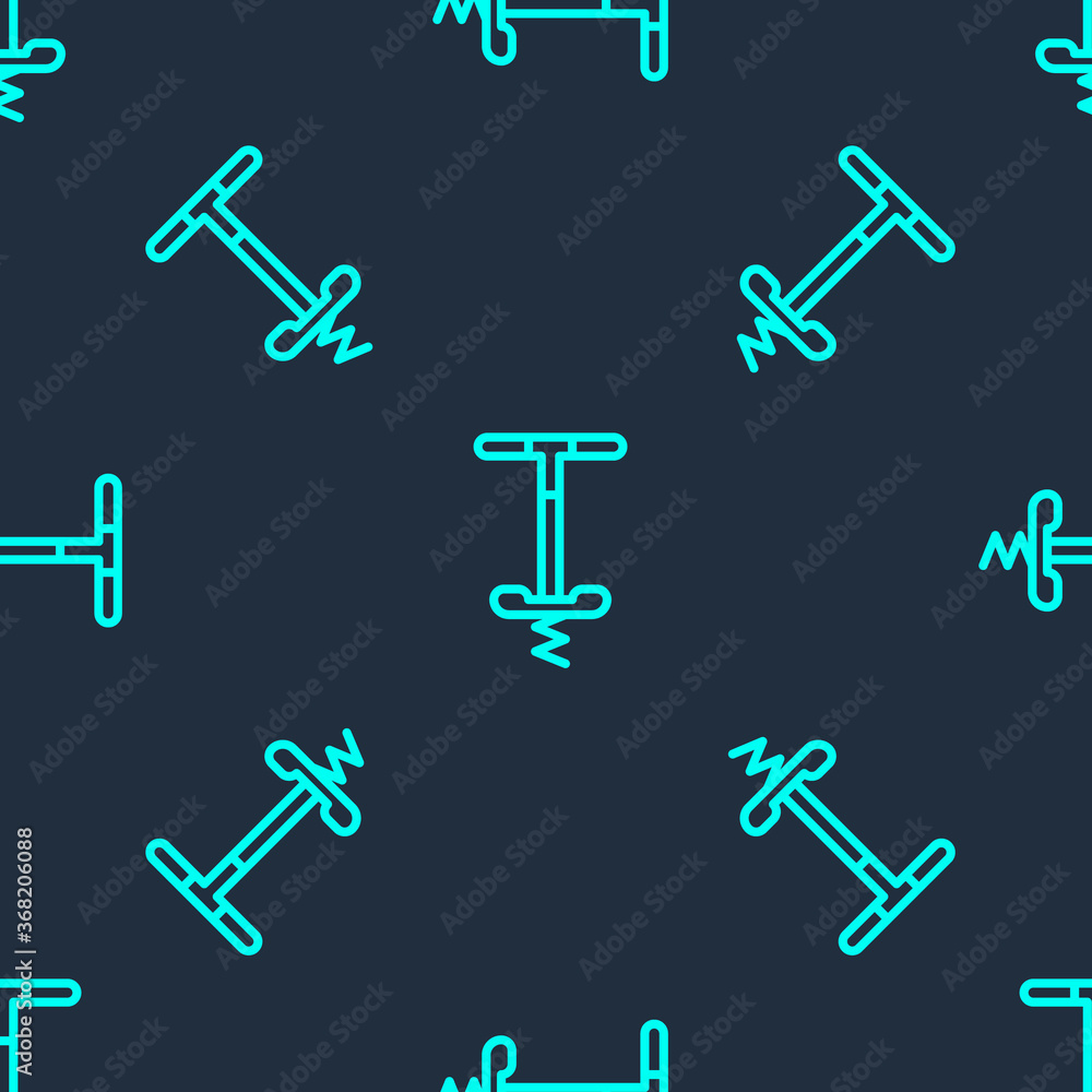 Green line Pogo stick jumping toy icon isolated seamless pattern on blue background. Vector. Green line Pogo stick jumping toy icon isolated seamless pattern on blue background. Vector.