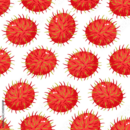 Vector seamless pattern of exotic fruit rambutan on white.
