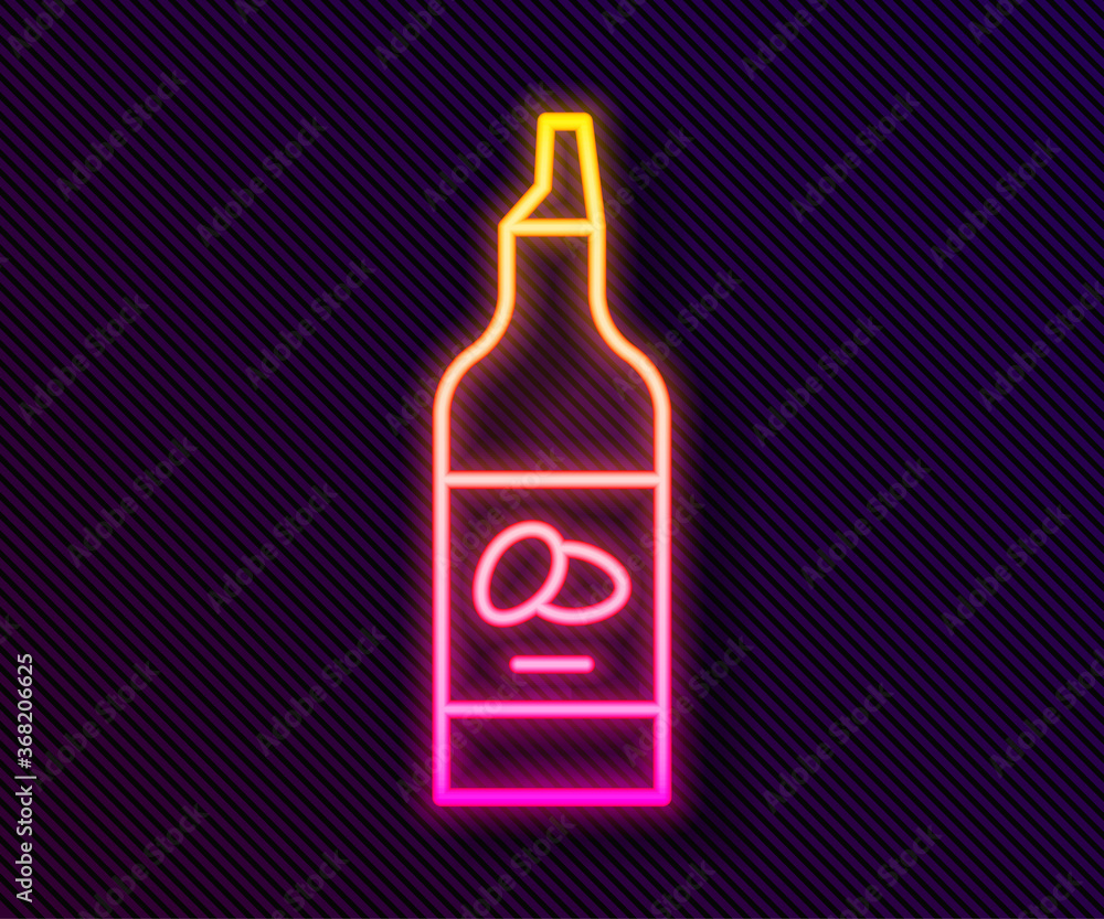Glowing neon line Bottle of olive oil icon isolated on black background. Jug with olive oil icon. Vector. Glowing neon line Bottle of olive oil icon isolated on black background. Jug with olive oil icon. Vector.
