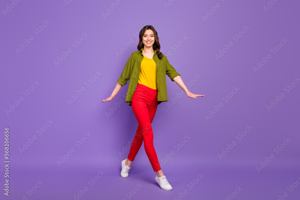 Full length body size view of her she nice attractive pretty lovely cheerful cheery wavy-haired girl strolling isolated on bright vivid shine vibrant lilac violet purple color background Full length body size view of her she nice attractive pretty lovely cheerful cheery wavy-haired girl strolling isolated on bright vivid shine vibrant lilac violet purple color background