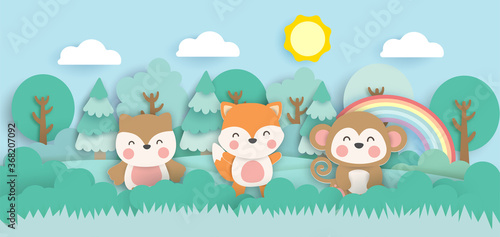 Scene with cute animals in the forest  paper cut style.
