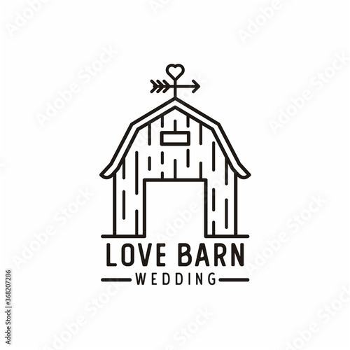 Simple line / mono line Barn with arrows and heart love for Wedding logo design