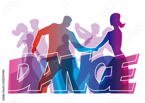 Dancing people, dance party.
Dancing couples with DANCE inscription. Stylized Illustration of dancers.Isolated on white background. Vector available.