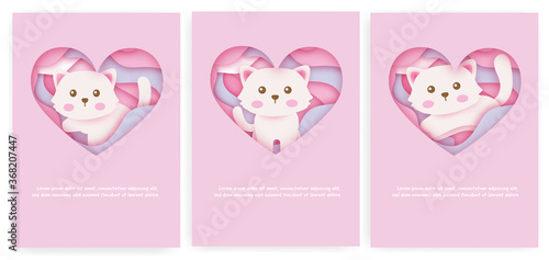 Set of baby shower cards and birthday cards with cute cat in paper cut atyle.