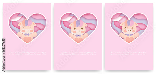 Set of baby shower cards with cute unicorn .