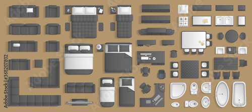 Icons set of interior. Furniture top view. Elements for the floor plan. (view from above). Furniture and elements for living room, bedroom, kitchen, bathroom, office. photo