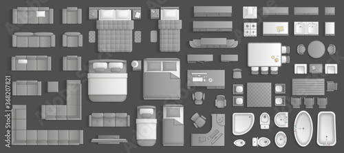 Icons set of interior. Furniture top view. Elements for the floor plan. (view from above). Furniture and elements for living room, bedroom, kitchen, bathroom, office.