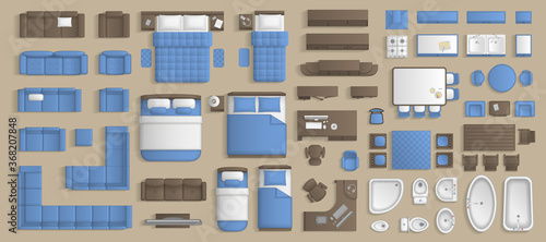 Icons set of interior. Furniture top view. Elements for the floor plan. (view from above). Furniture and elements for living room, bedroom, kitchen, bathroom, office.