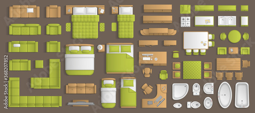 Icons set of interior. Furniture top view. Elements for the floor plan. (view from above). Furniture and elements for living room, bedroom, kitchen, bathroom, office.