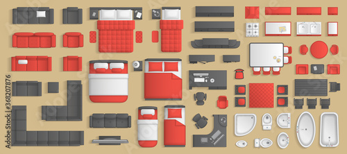 Icons set of interior. Furniture top view. Elements for the floor plan. (view from above). Furniture and elements for living room, bedroom, kitchen, bathroom, office. photo