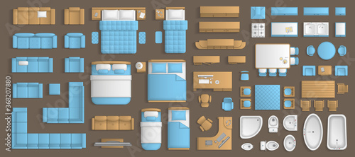 Icons set of interior. Furniture top view. Elements for the floor plan. (view from above). Furniture and elements for living room, bedroom, kitchen, bathroom, office.