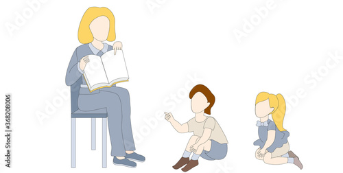 Vector illustartion of educator shows children a book. Peoples without faces. Flat illustration.