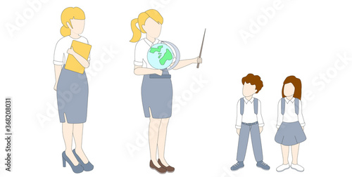 Vector illustration of two teachers with pupils. One of teacher with book and another with globe. Two pupils with bags. Peoples without faces, Flat illustration.