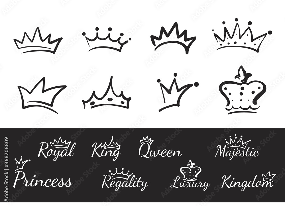 Hand drawn crowns logo and icon collection.