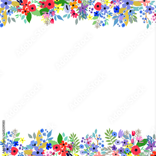 Floral frame made of flowers. Wildflowers leaves and branches. Vector illustration.