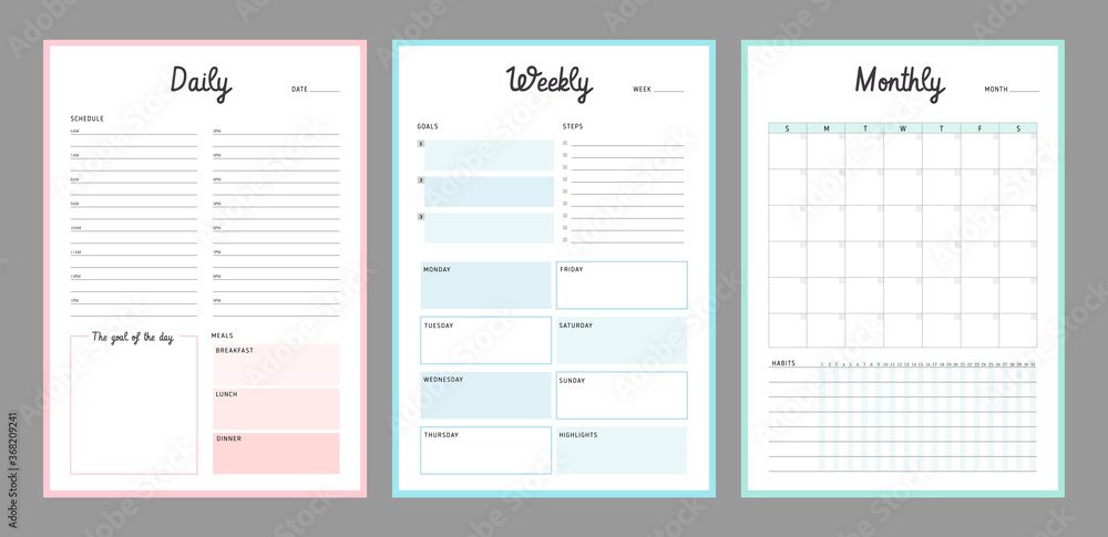 3 Set of minimalist planners (color). Daily, weekly, monthly planner template. Simple printable to do list. Business organizer page. Paper sheet. Realistic vector illustration. - obrazy, fototapety, plakaty 