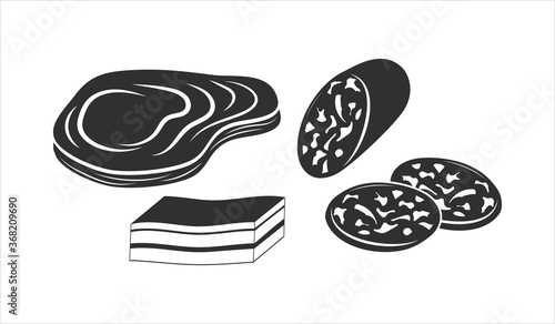Sausage, steak and cheese set icon isolated on white. Stencil food. Vector stock illustration. EPS 10